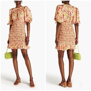 NEW! BYTIMO Shirred floral-print satin-crepe mini dress XS